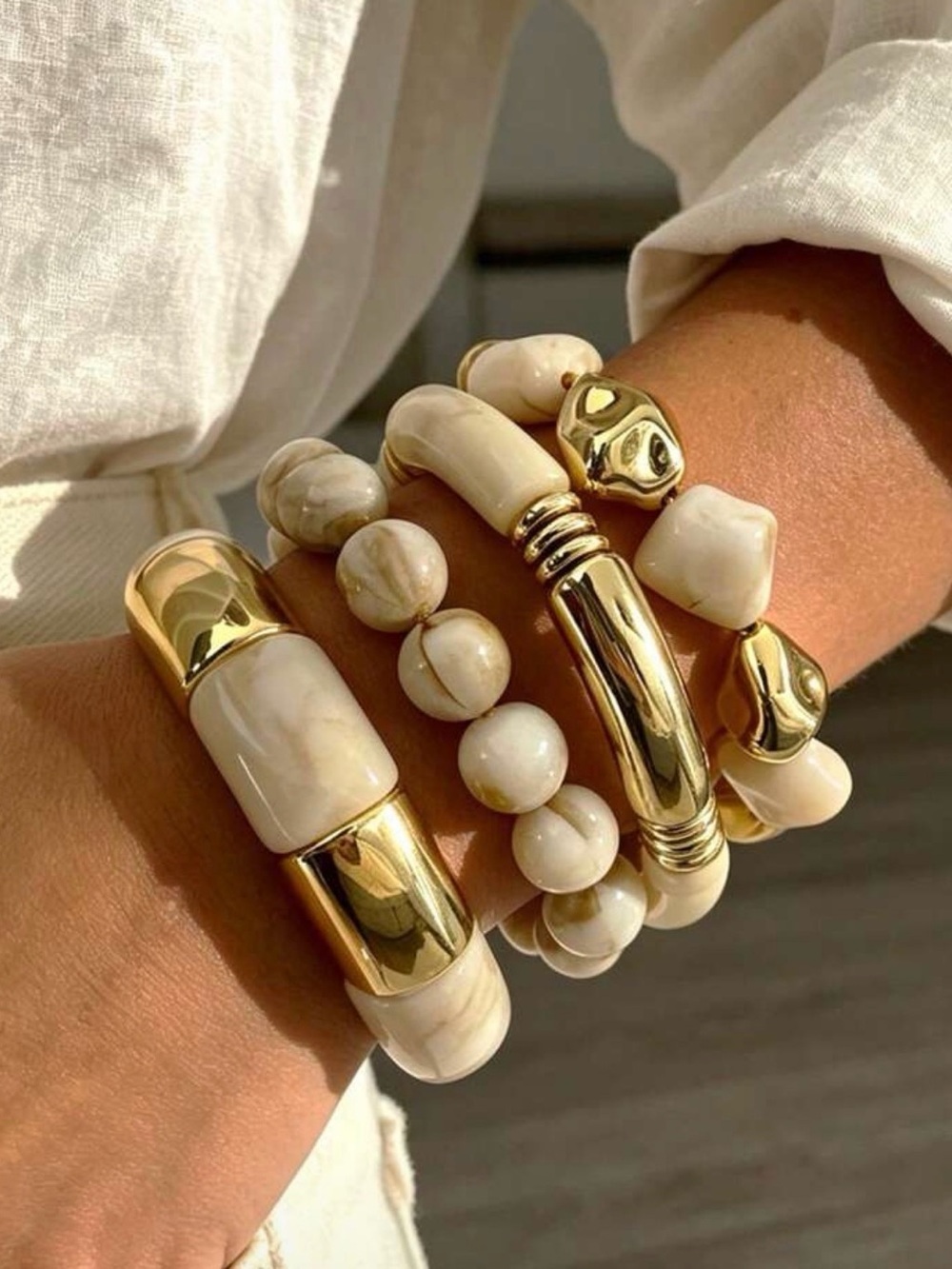 Gold and Cream Beaded Bracelet Stack